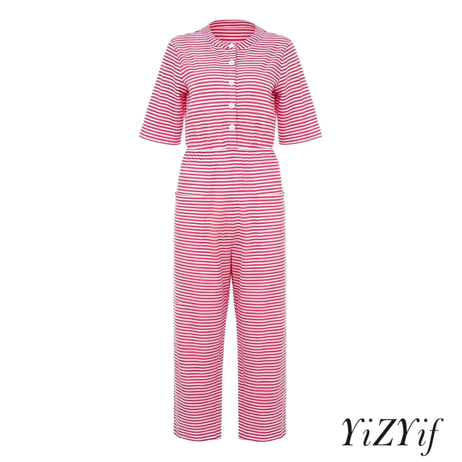 

Adults Women Elderly Anti-strip Adaptive Jumpsuit Half Sleeve Elastic Waist Front Pockets Striped Rompers Special Need Clothes