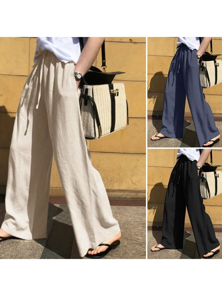 Women Wide Leg Pants Solid Loose Length Pants Cotton Linen Elastic Waist Casual Pants Vintage Mid Waist Pant