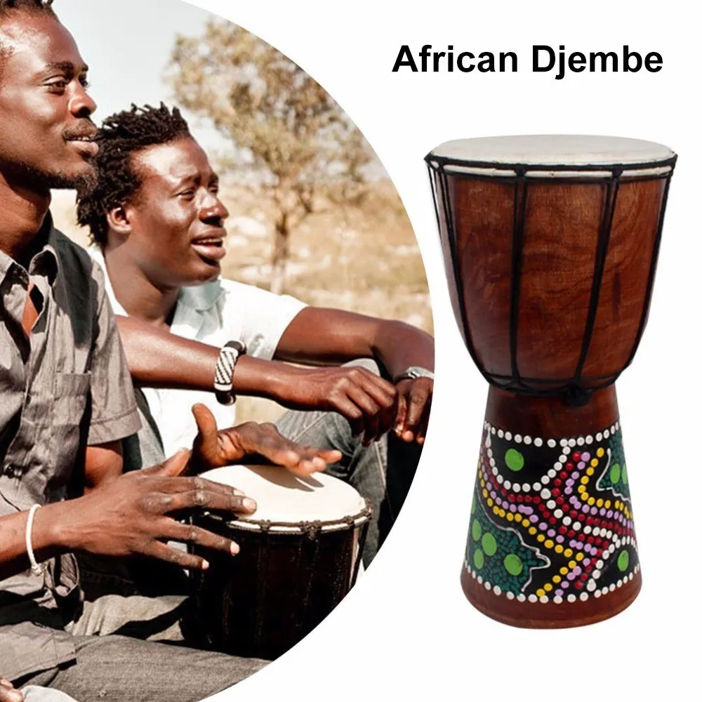 6in African Djembe Drum Hand-Carved Solid-Wood Goat-Skin Traditional Musical Instrument Percussion Instrument