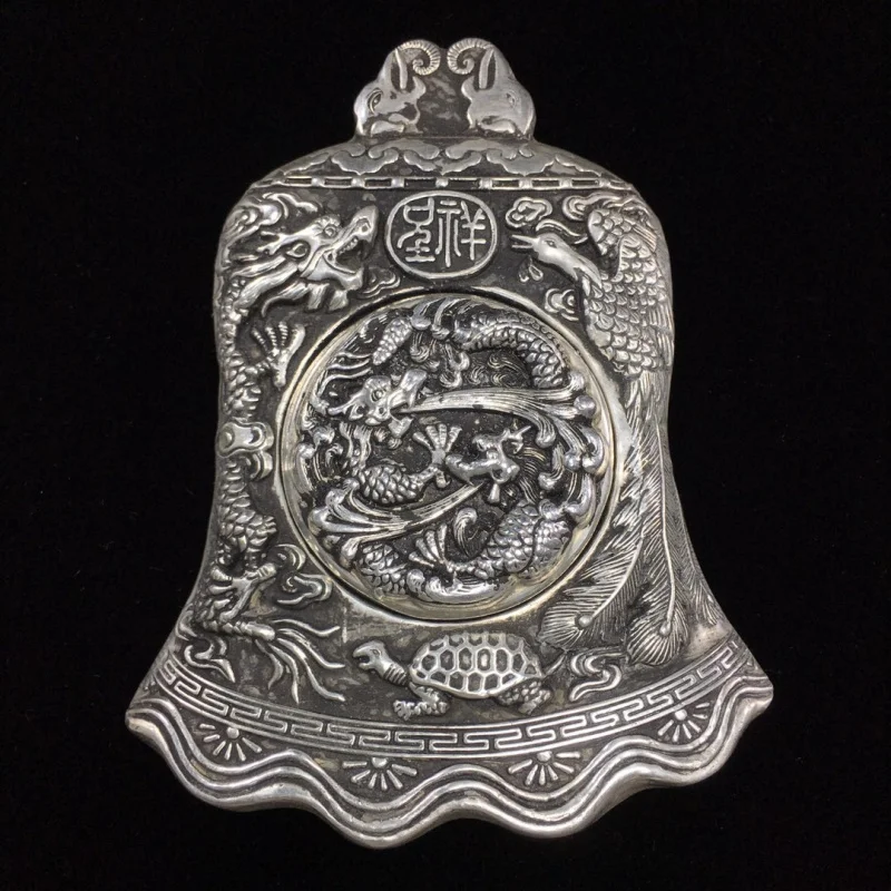 Creative stationery ornaments: silver-plated auspicious dragon and phoenix small cover inkstone, made of white copper mat
