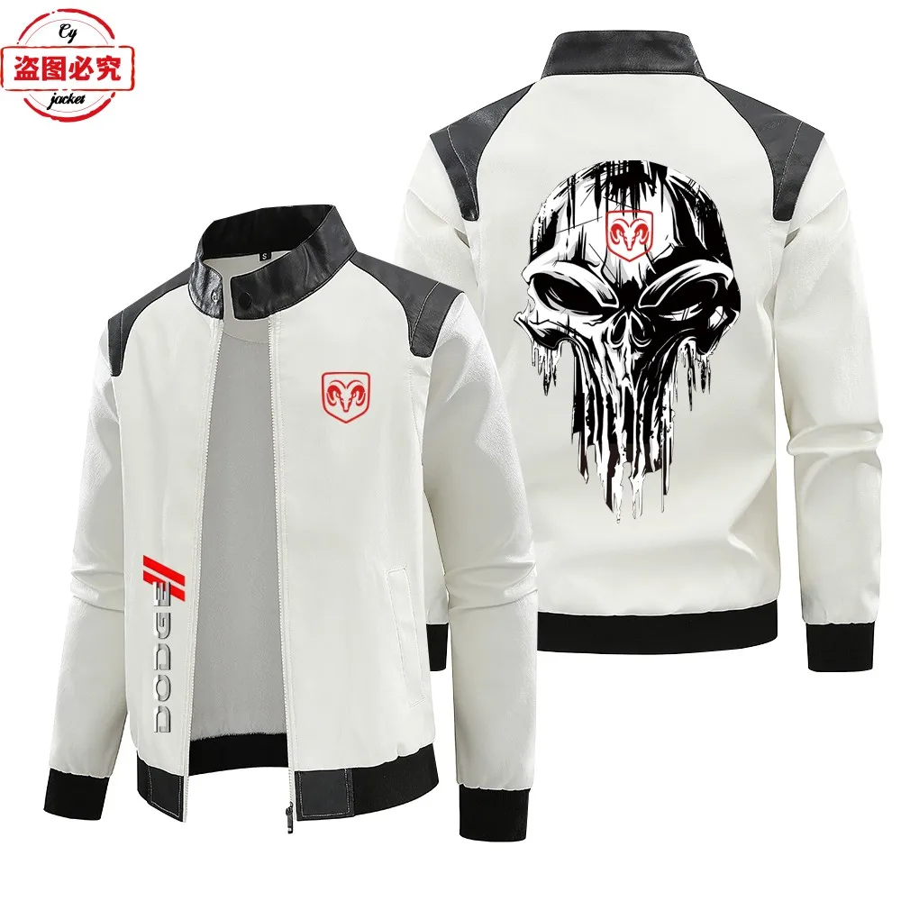 Dodge car logo retro washed pu contrasting color leather jacket windproof autumn and winter men's jacket racing suit