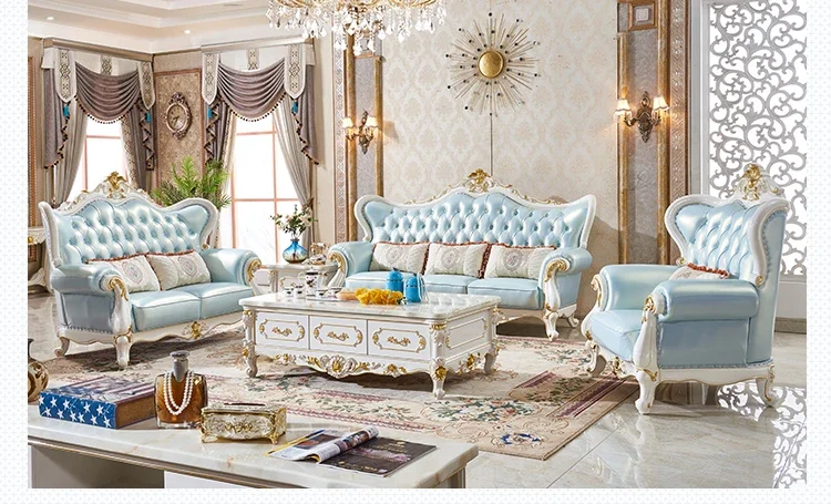 

European leather solid wood sofa large apartment villa living room gold sofa solid wood carving flower