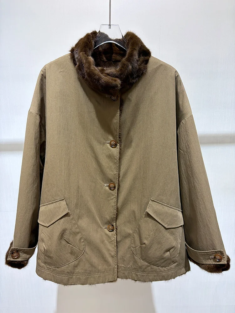 New Fashion Women Winter Real Mink Fur Coat 2-Side Can Wear Natural Goose Down Jacket Puffer Jackets Thick Female Outwear Coat