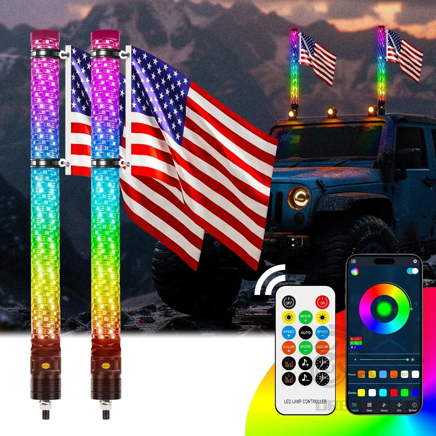 2PCS 2FT Fat Whip Lights 360°Spiral Chase Offroad Warning Lighted Antenna LED Whips With Turn Signal Brake Reserving Lights