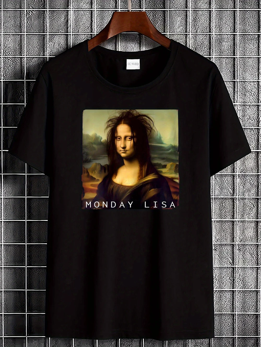 

Funny Monday Mona Lisa Pattern T-Shirt Humorous Art Inspired Unisex Crew Neck T-Shirt Soft Breathable Fabric Men's Clothing