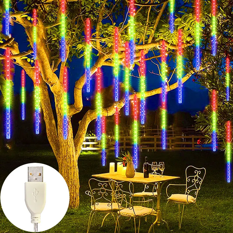

Outdoor LED Meteor Shower Lights Falling Rain Drop Fairy String Light Christmas Party Garden Holiday Decorations USB/US/EU Plug