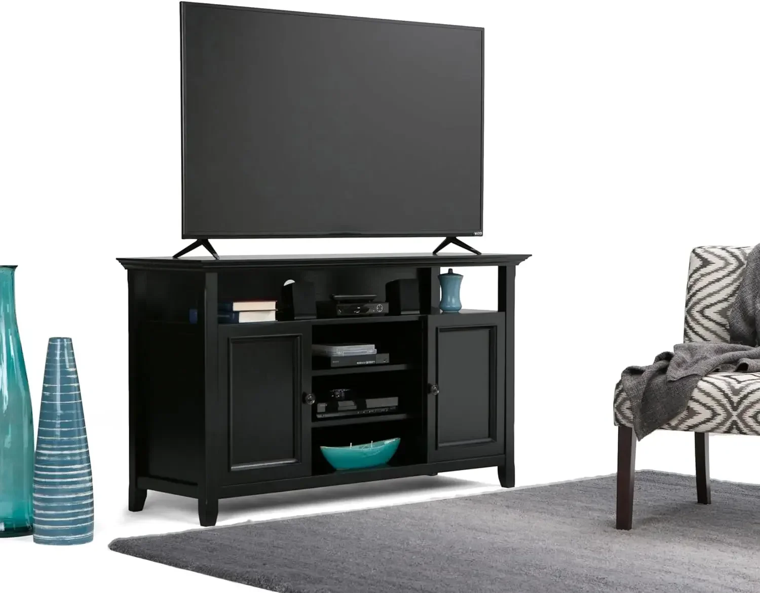 

SOLID WOOD Universal TV Media Stand, 54 Inch Wide, Storage Cabinet and Shelves, For Flat Screen TVs up to 60 Inches