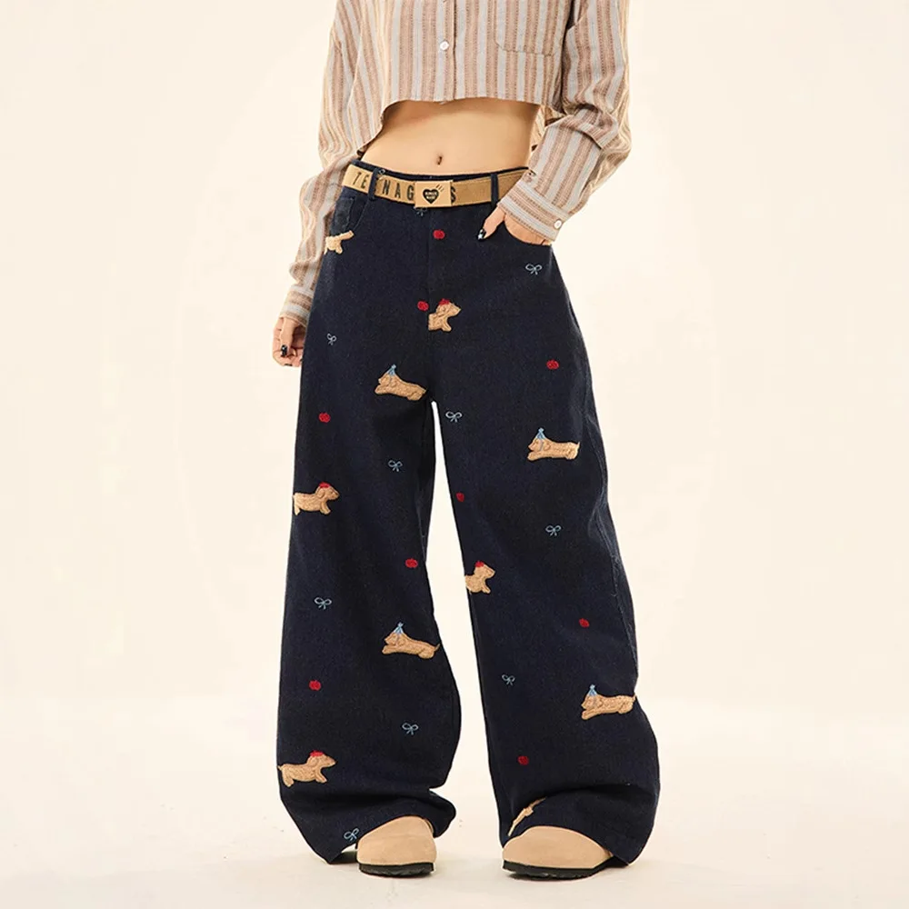Y2k Baggy Jeans High Quality Embroidered Striped Harajuku Sweatpants Women Hip Hop Streetwear Casual Wide Leg Denim Pants