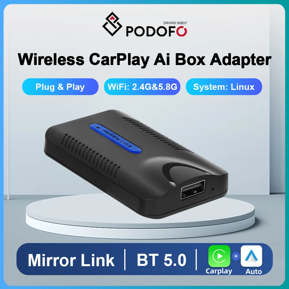 Podofo Wired CarPlay to Wireless CarPlay Ai Box Adapter USB Type-C Support Android Auto AirPlay Android Cast for AA CP Cars