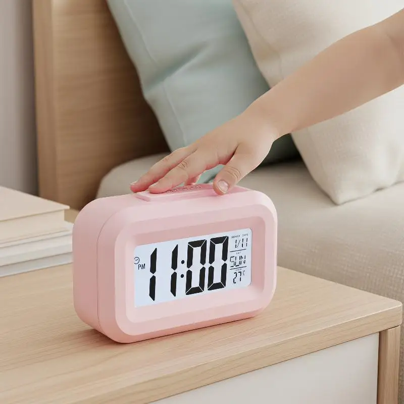 Digital Compact Alarm Clock Temperature Date Display Multi Color Energy Saving Desktop Clock for Home Office Decor