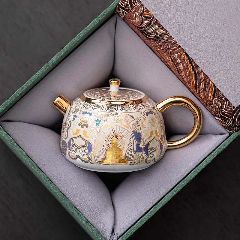 Palace Museum Cultural Creative Dunhuang Tangka Teapot Single Pot Retro Small Teapot Ceramic Gold/Silver Xishi Teapot HuCheng