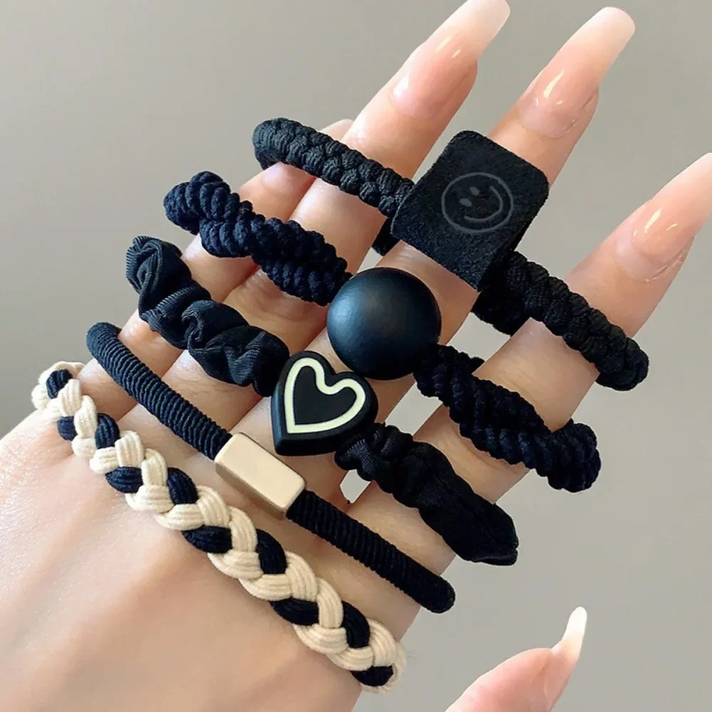 5 sztuk/zestaw proste serce kulki Charms Scrunchie brak uszkodzeń elastyczne plecione gumki do włosów liny kobiety dziewczęta kucyk Holder opaski gumowe — zdjęcie 6