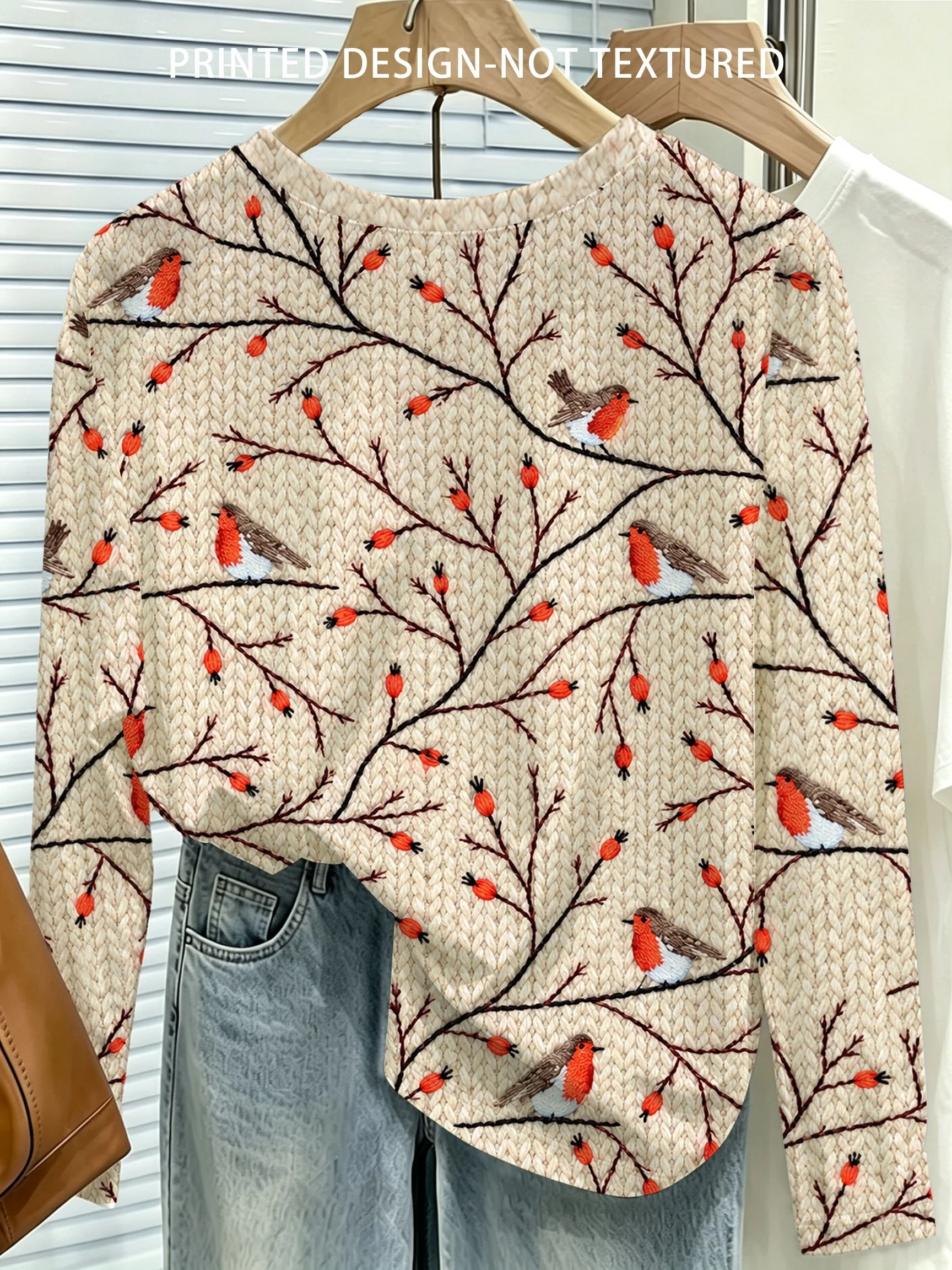 Women Long Sleeve T Shirt Robin Bird Berry Branch Print Soft Breathable Casual Holiday Autumn Fashion Women's Clothing