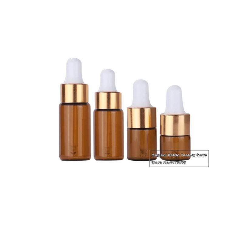 

100pcs 1ml 2ml 3ml 5ml Perfume Essential Oil Bottles brown Glass Dropper Bottle Jars gold ring white head sample bottle