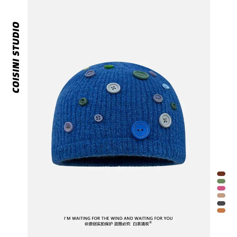 Korean Niche Retro Button Design Knit Beanies for Women  Autumn Winter Warm Windproof Versatile Fashion Skullcap Ladies Cold Cap