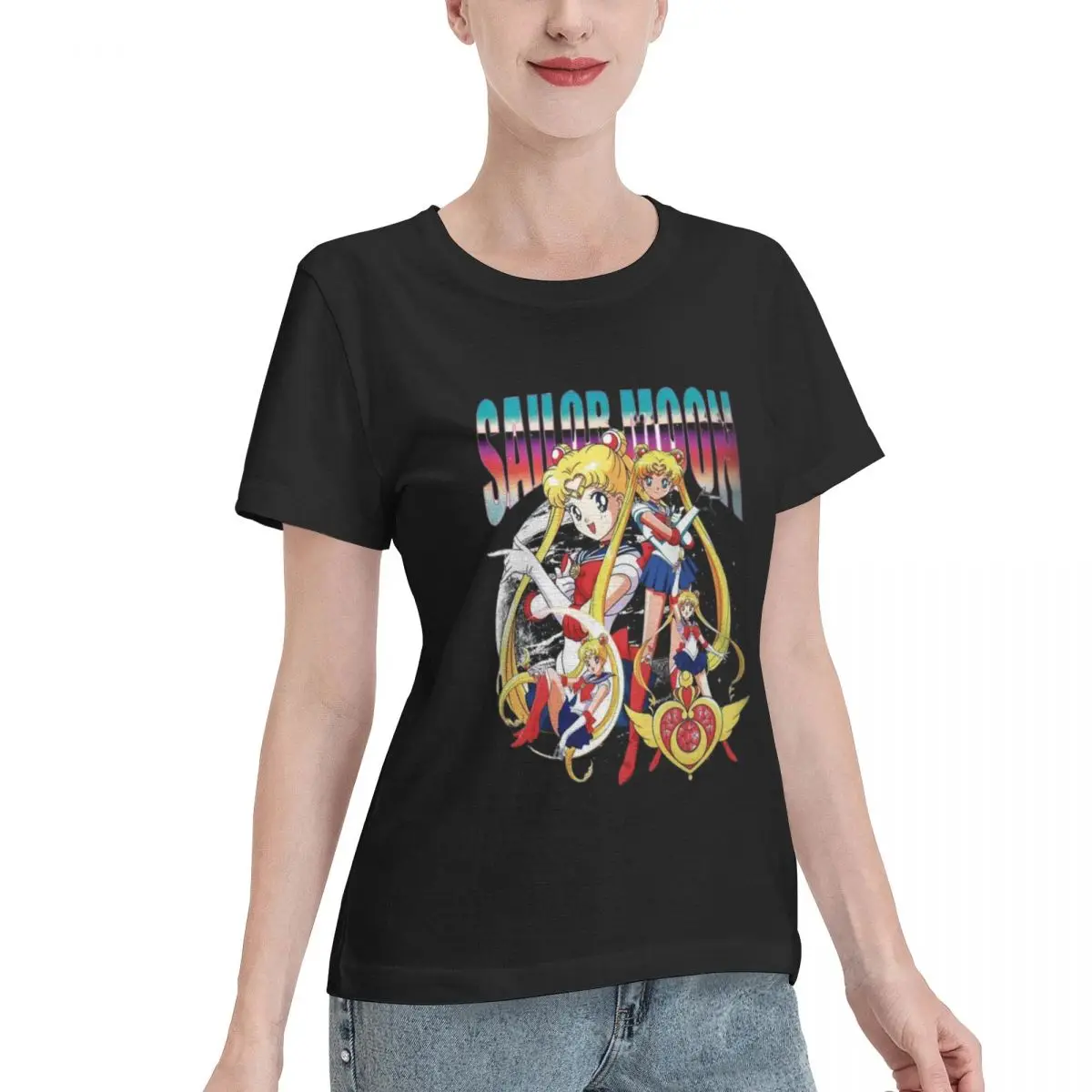 Camiseta de manga curta masculina 100% algodão, Sailor Moon, blusa solta