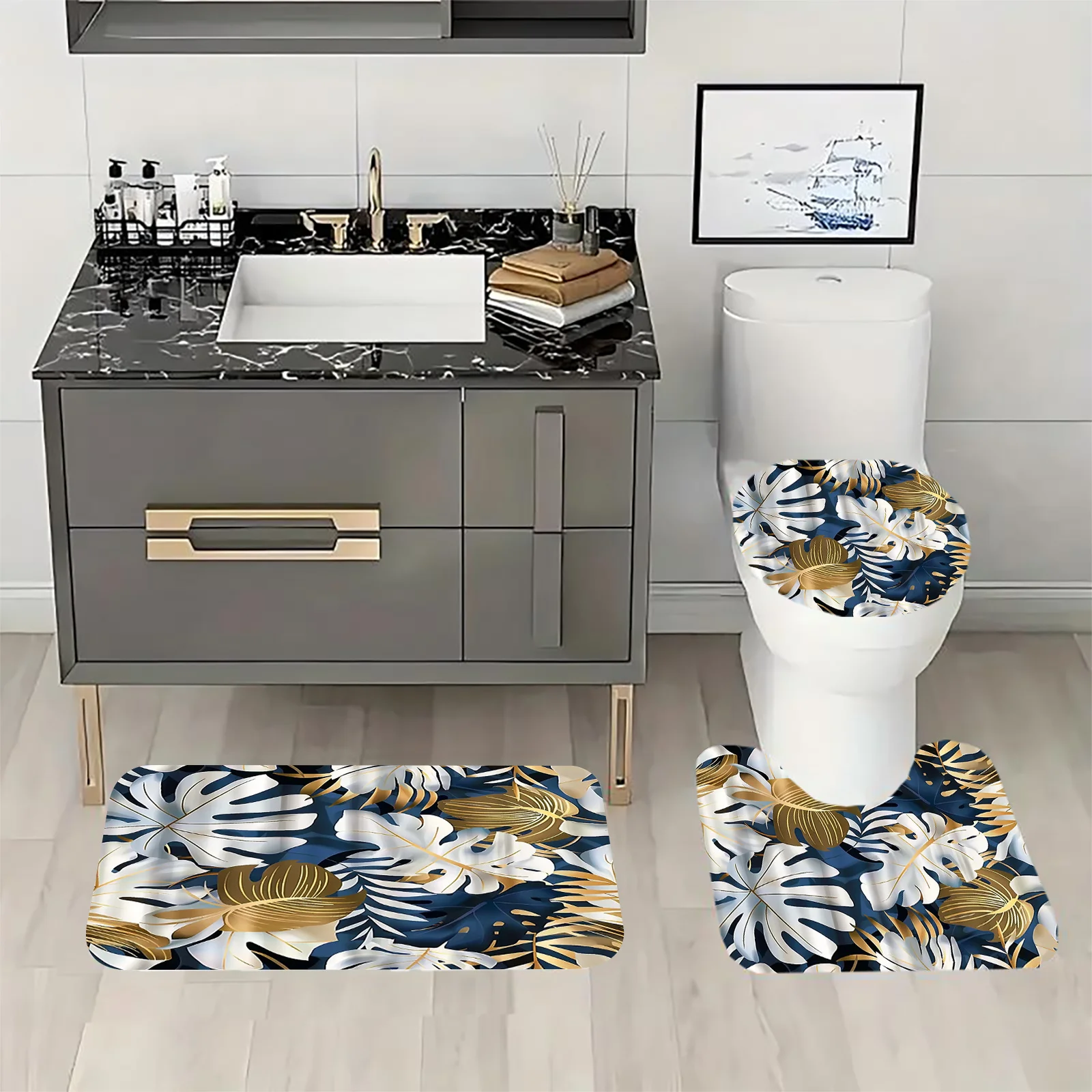 4pc Monstera and palm leaf patterned bathroom set, U-shaped mat, non-slip mat, toilet seat cover, shower curtain
