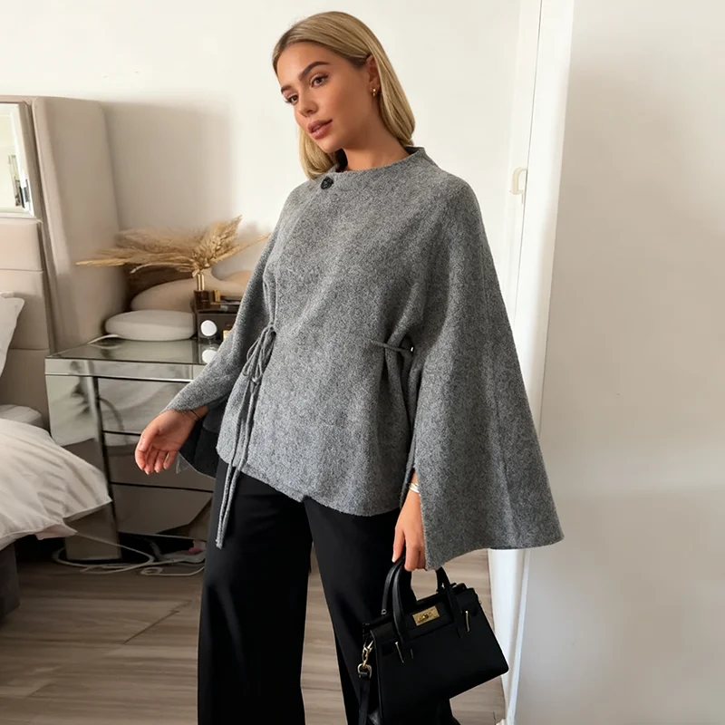 

2026 Spring Autumn Women Front Button And Tie Gray Knit Kimono-style Coat Wide Sleeve With Slits O Neck Chic Elegant Outerwear