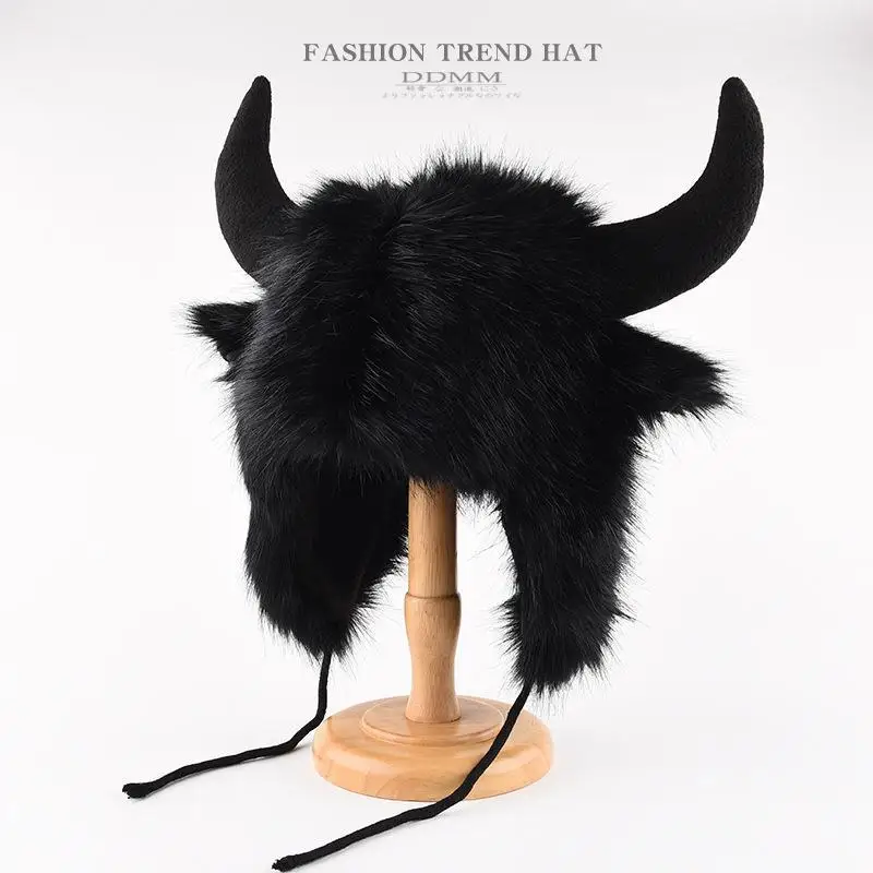 Unisex Fluffy Bison Bullhead Hat With Horns Thick Windproof Warm Fun Headwear for Family Gatherings Costume Events