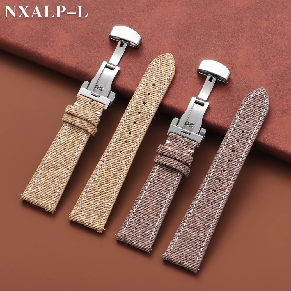 Denim Sailcloth Watchbands Leather Watch Strap 18mm 20mm 22mm for Seiko for Omega Band Women Men Sport Belt Butterfly Buckle view 6