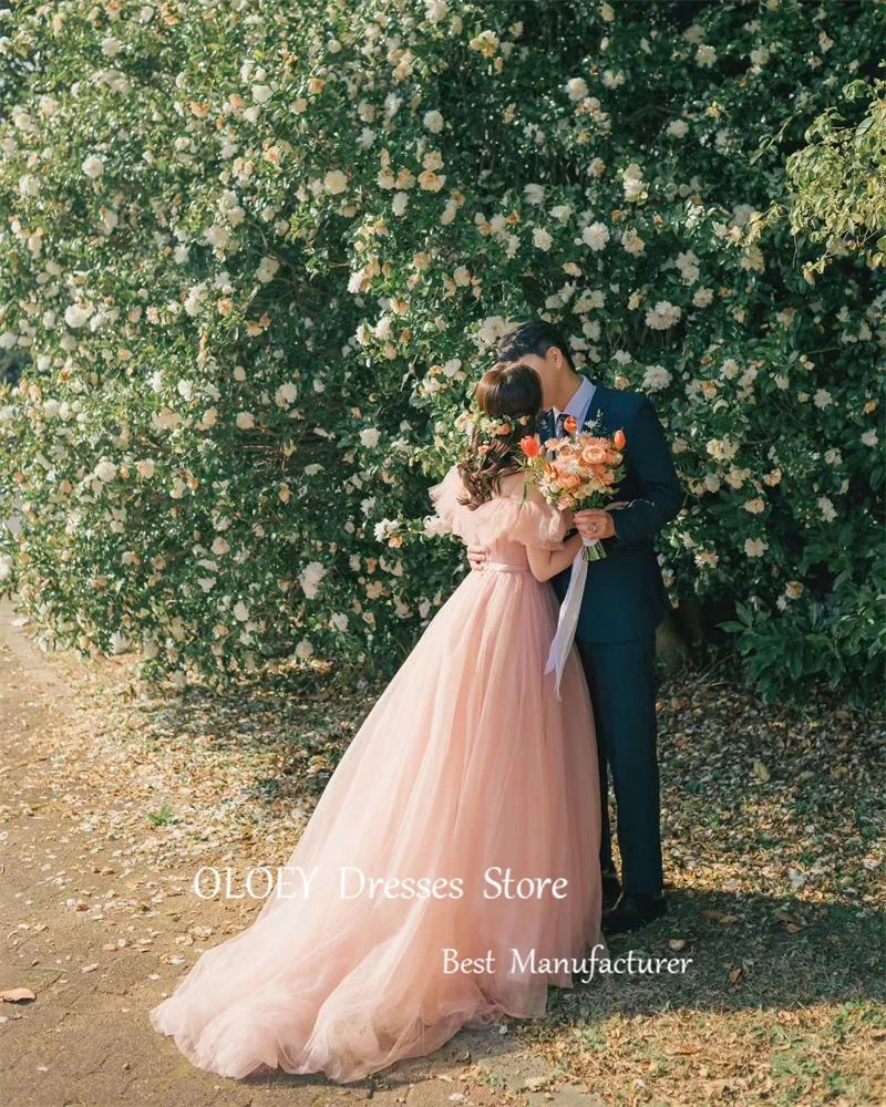 OLOEY-vestidos de novia elegantes de tul Rosa rubor para jardín, vestido de noche con hombros descubiertos, longitud hasta el suelo, sesión de fotos de Corea