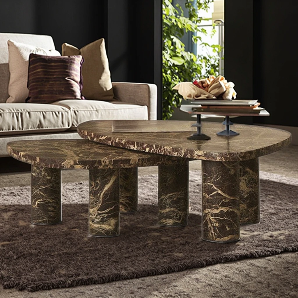 Customized High Quality Modern Design Red Marble Center Coffee Table Set 2 Natural Stone JINZHI STONE Easy Clean Home Furniture