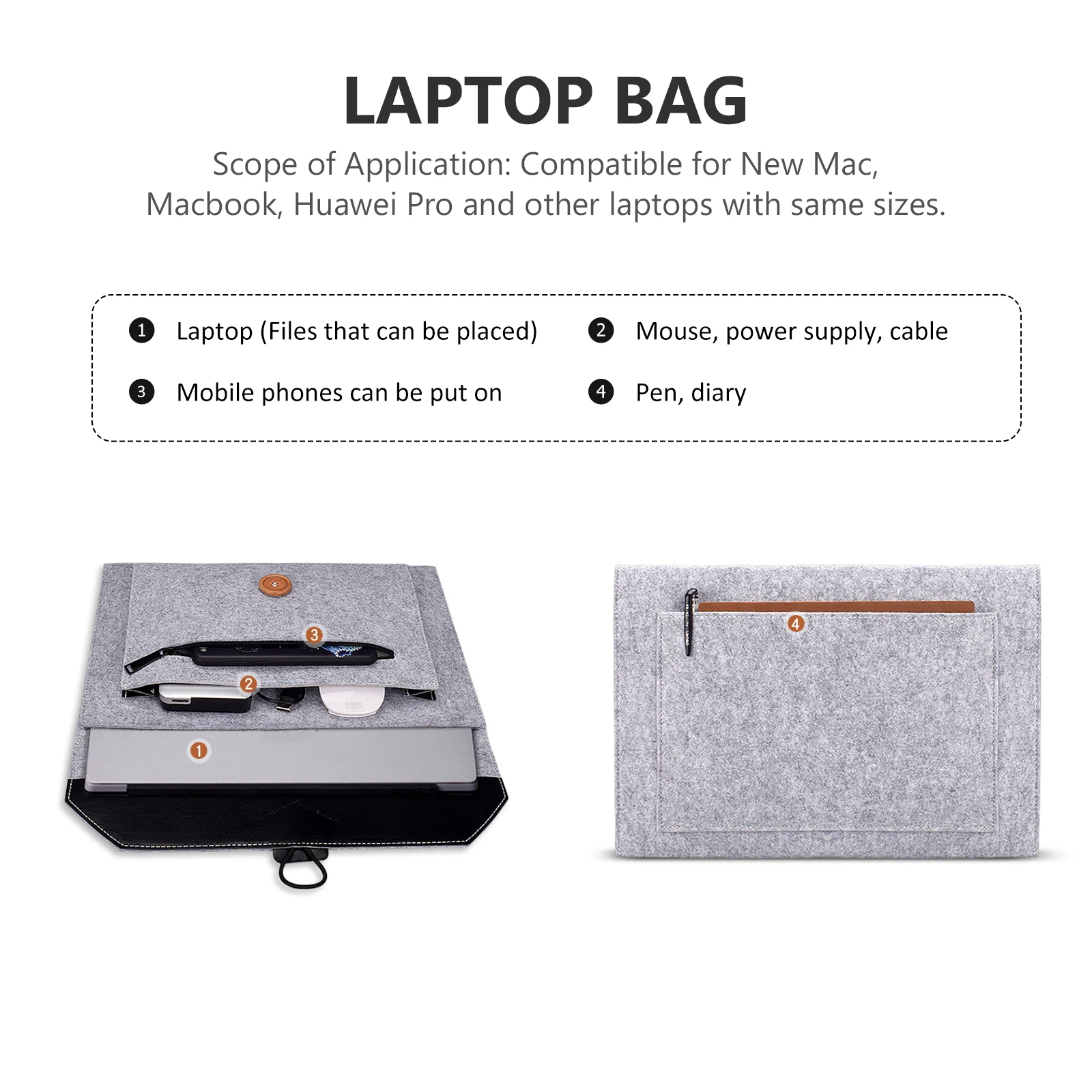 

Felt Laptop Bag Notebook Computer Carrying Case Light Grey Shock Absorption Anti Fall Wear Scratch Protection Durable Tote