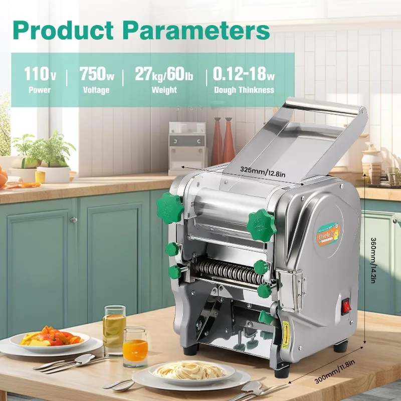 صانعة المعكرونة الكهربائية التجارية ، 2 في 1 ، ماكينة النودلز الأوتوماتيكية ، سماكة قابلة للتعديل ، أسطوانة عجين النودلز الثقيلة ، 2: 6