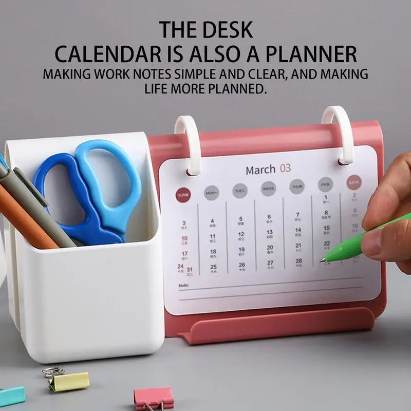 Mini calendário em pé com caneta titular, mesa multifuncional, desktop, em pé, design simples, mensal, 2024