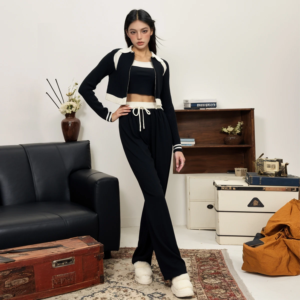 Women's Sweatpants Women Wide Leg Pants Korean Style Sweat Pant High Street Drawstring Loose Double Layer Waist Streetwear