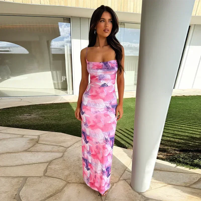 Vestido de design direcional elegante feminino 2025 verão novo impresso bolso pescoço halter vestido vestidos longos