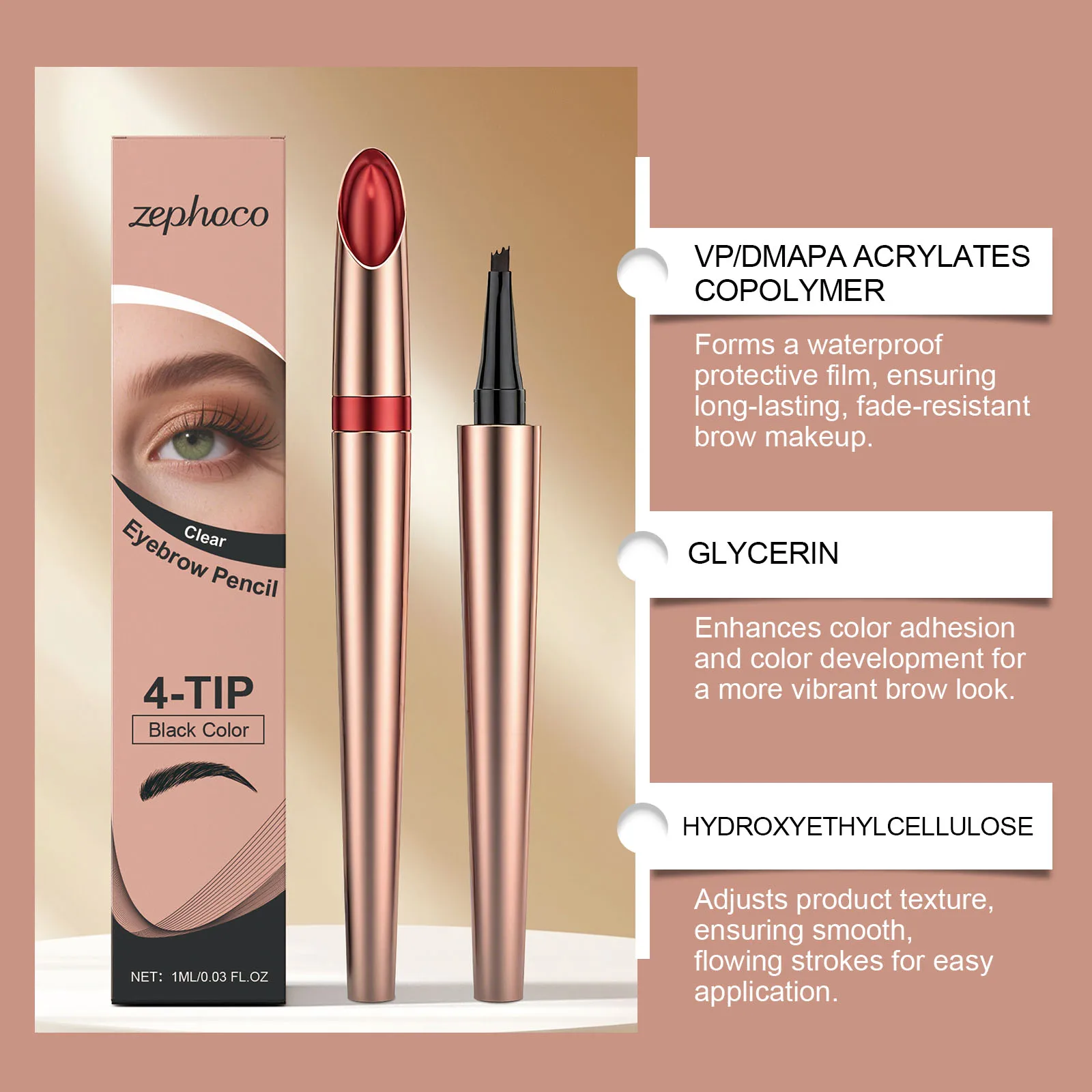 Crayon à sourcils à pointe Quad définit en profondeur la forme des sourcils, Application soyeuse et lisse, imperméable, finition ligne Fine, couleur longue durée