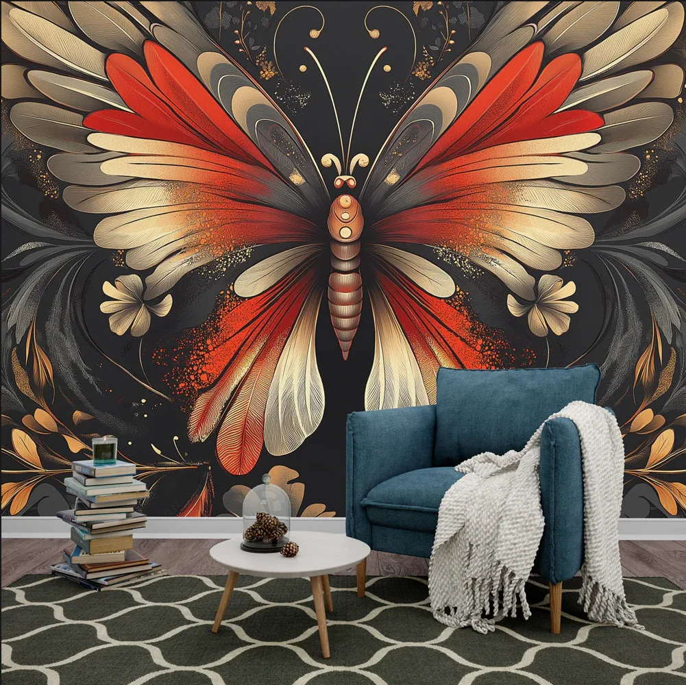 Custom Size Butterfly Mural Wallpaper | Metal Blue and Gold Wings Insect Black Background Wallpaper Butterfly Decorative mural