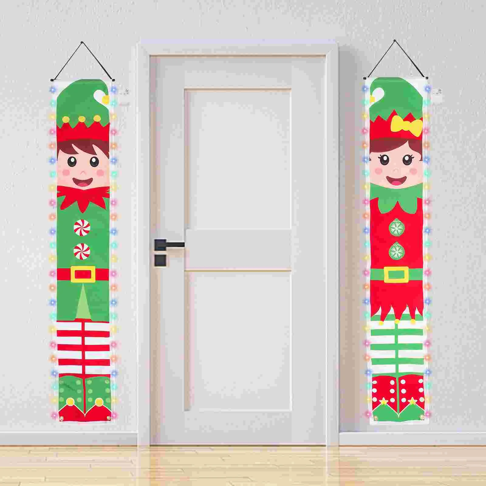 Cartel de puerta de dísticos de elfos de Navidad, cartel feliz, decoración de patio de porche de dibujos animados de Navidad, corona