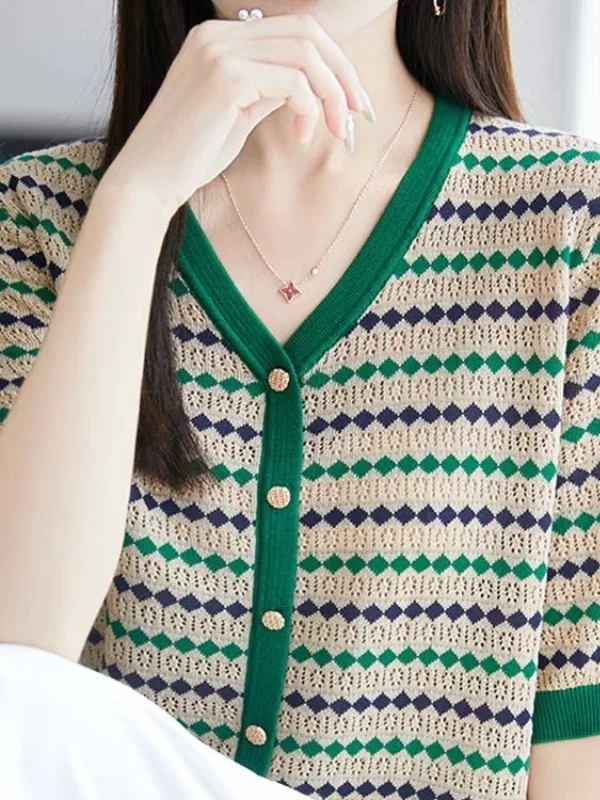 

Женский летний вязаный топ с V-образным вырезом и полосками, из ледяного шелка, повседневный, свободного кроя, яркий, мягкий, из полиэфирного волокна