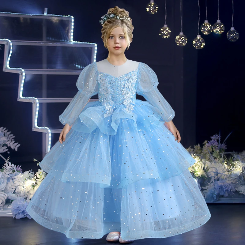 

Girls' Sequin Long sleeved Princess Dress 4-14 Years Old Embroidered Hollow Mesh Long Puffy Dress Banquet Wedding Evening Dress