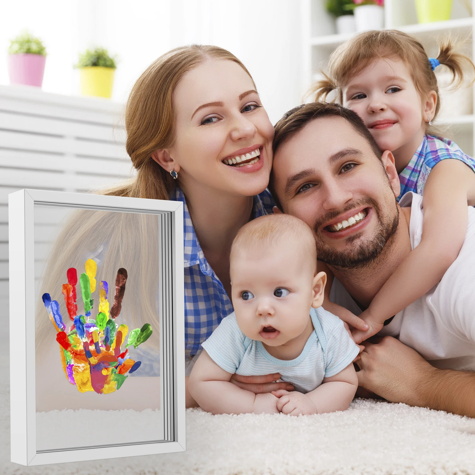 Clear Family Handprint Kit DIY Handmade Keepsake Wooden Frame with 6 Paints Pen Eraser Paintbrush Non-Marking Nails Newborn