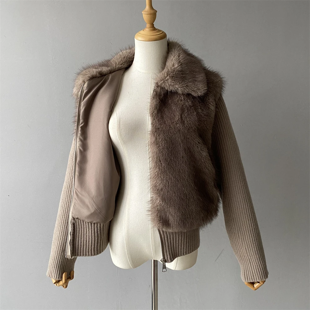 Luxyonuo casaco de inverno feminino moda malha costela retalhos casaco de pele do falso casual quente jaqueta com zíper 2025 outono nova lapela outerwear