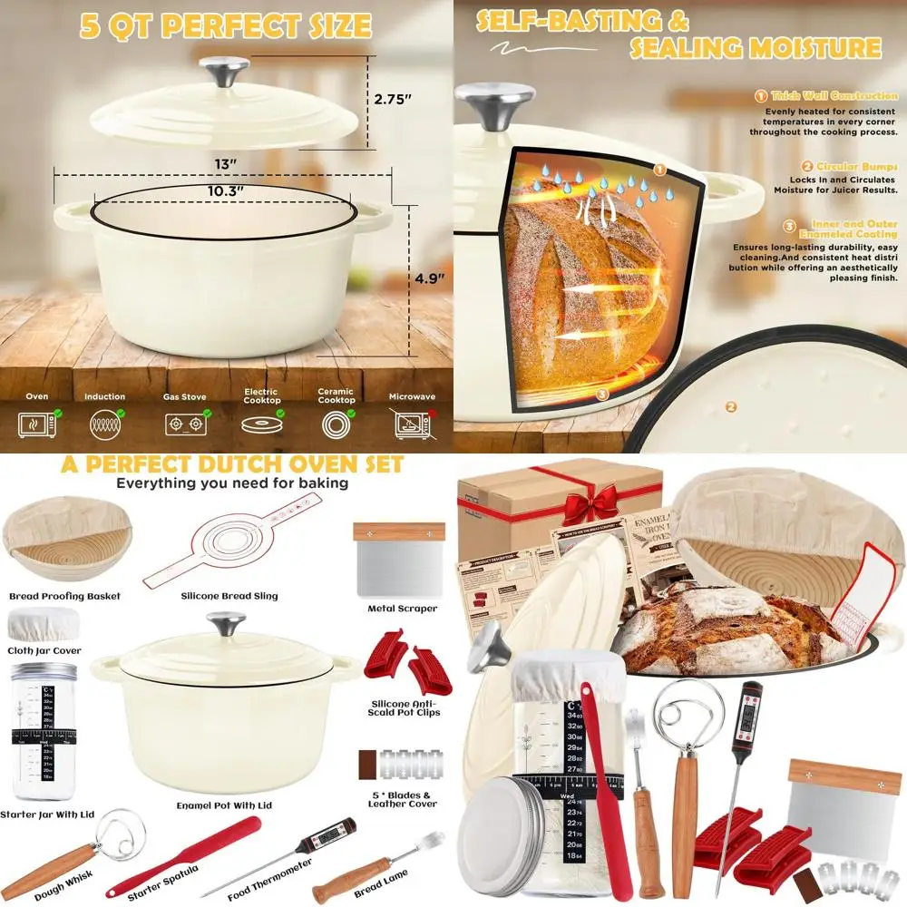 

5-Quart Enamel Dutch Oven Pot with Lid, Includes Sourdough Bread Baking Kit: Banneton, Starter Jar, Lame, Oven-Safe to 500°F