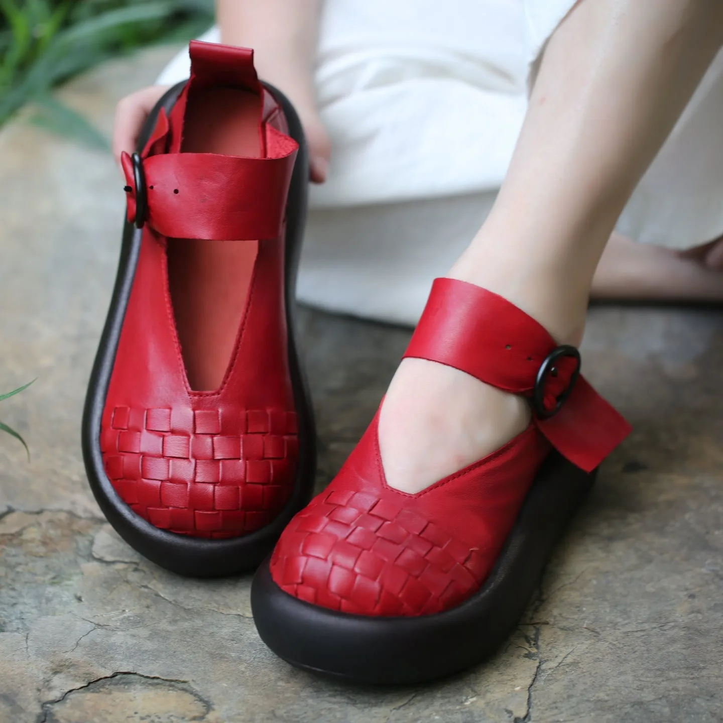 Birkuir Retro Weave Flat Platform Shoes For Women Buckle Thick Heel Shoes Mary Jane Genuine Leather 5cm heels Platform Shoes