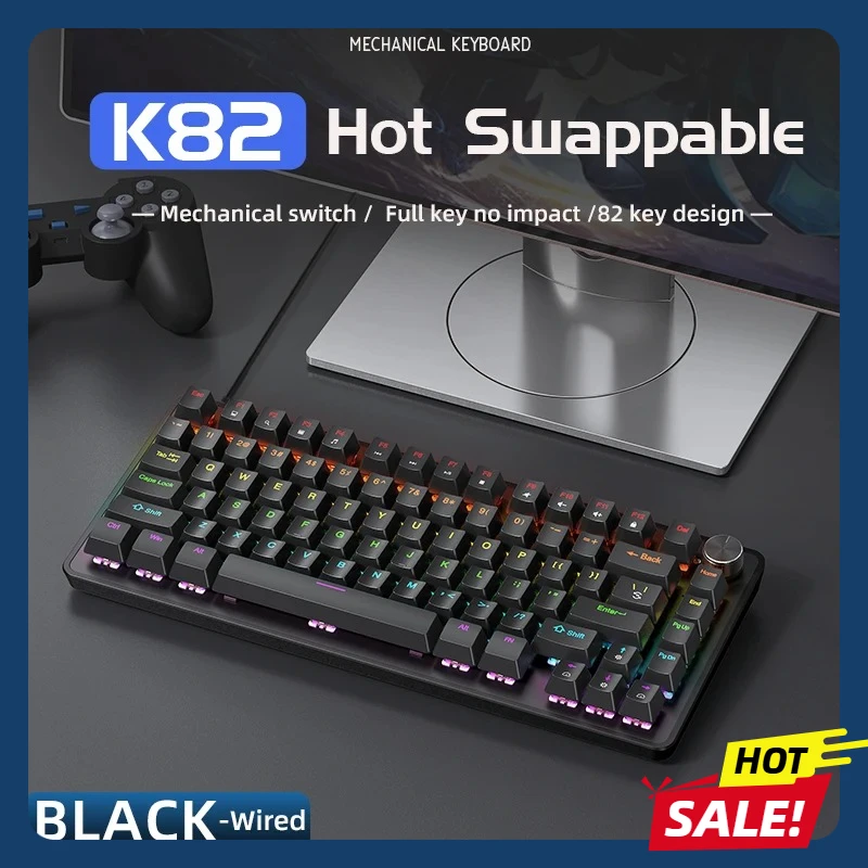 

APAYADO K82 Wired Mechanical Keyboard, All-keys Non-jamming E-sports Keyboard, Dual-mode Hot-swappable PCB Metal Knob RGB