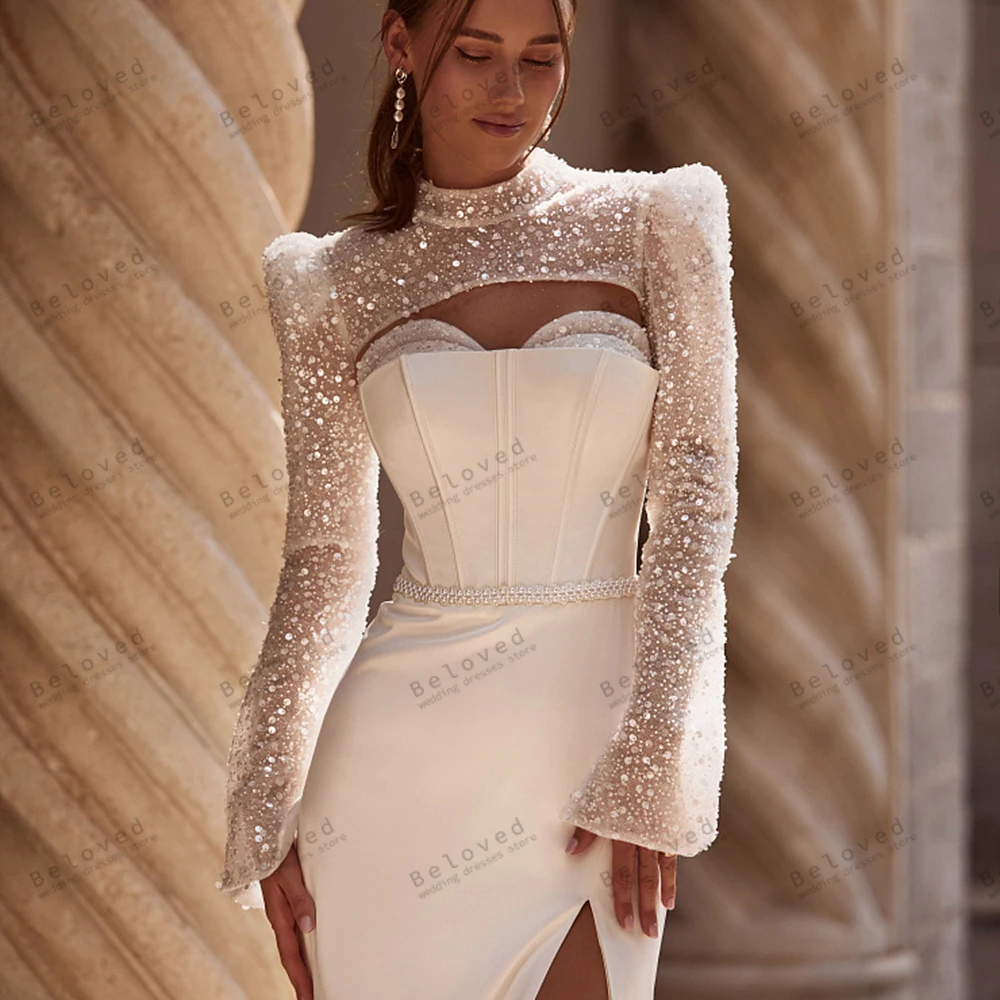 

Gorgeous Wedding Dresses Satin Bridal Gowns Beading Appliques Full Sleeves Mermaid Sexy High Slit Vestidos De Novia Customized