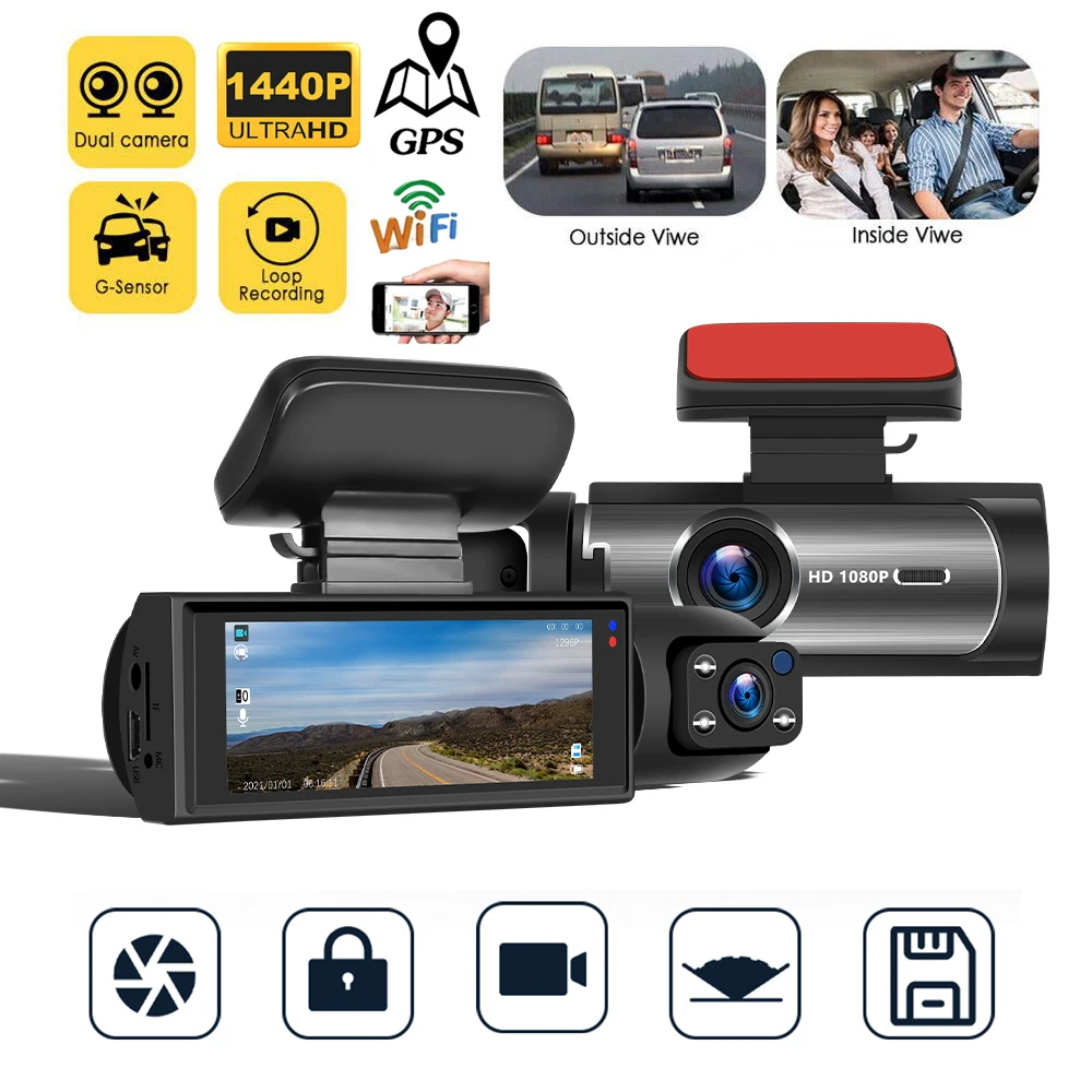 

Car DVR WiFi GPS Dash Cam 3 Channel Front Inside Rear Camera 2K 1440P Video Recorder Registrator Dashcam Camcorder Black Box