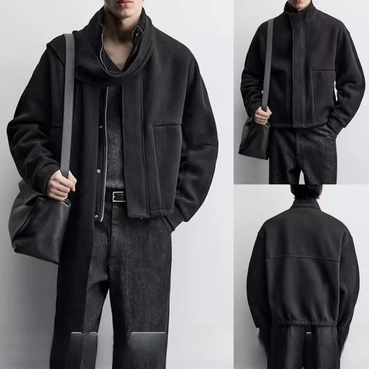 

Bla Vintage Ribbed Stand Collar Jaet Men's All-Match Winter New Arrival Cotton Coat Long Sve Zipper Closure Pattern