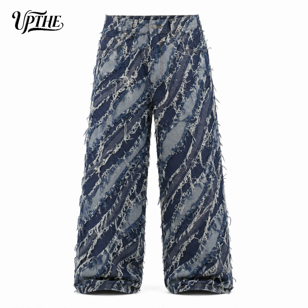 UPTHE Men's Frayed Striped Baggy Jeans, Distressed Raw Edge Wide Leg Denim Pants, Y2K Hip Hop Loose Fit Streetwear Trousers