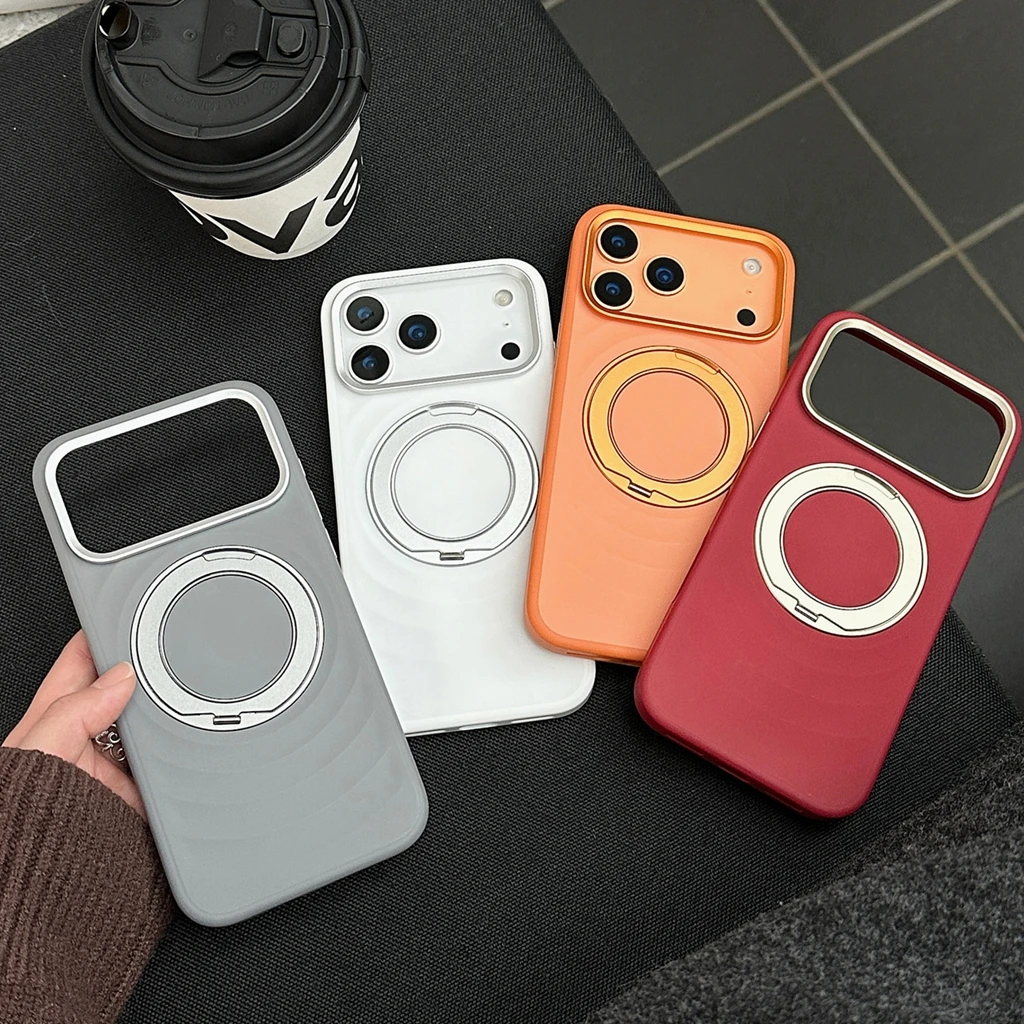 

Solid Color Ripple pattern Magnetic Metal With Holder Protective Phone Cover Case for iPhone 17 16 15 14 Pro Max