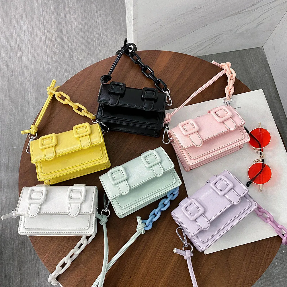 Tas selempang Mini wanita, warna permen, tas kurir bahu untuk anak perempuan, dompet rantai untuk belanja luar ruangan, dekorasi perjalanan