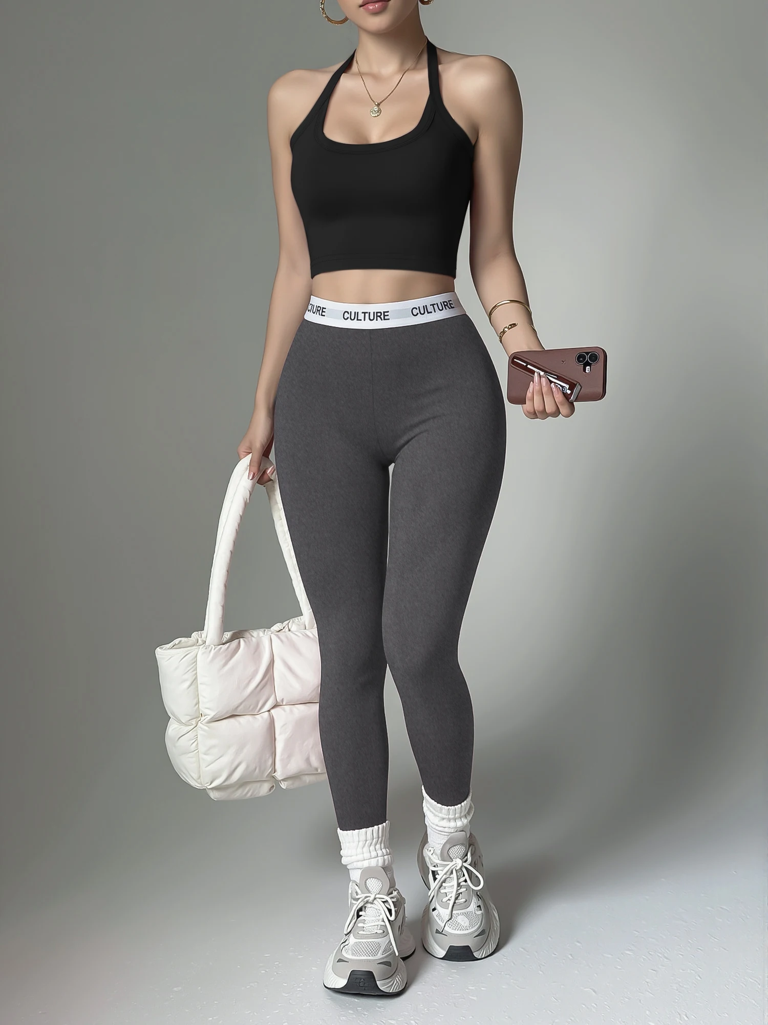 Fitness Matching Co-Ord, Halter Cropped Tank Top, Stretch Shaping Leggings, Fall Pilates Sports Activewear