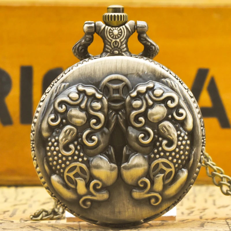Steampunk 레트로 청동 중국 신화 Pixiu 잠금 부 석영 주머니 시계 목걸이 펜던트 시계 체인 남성 여성 체인 선물