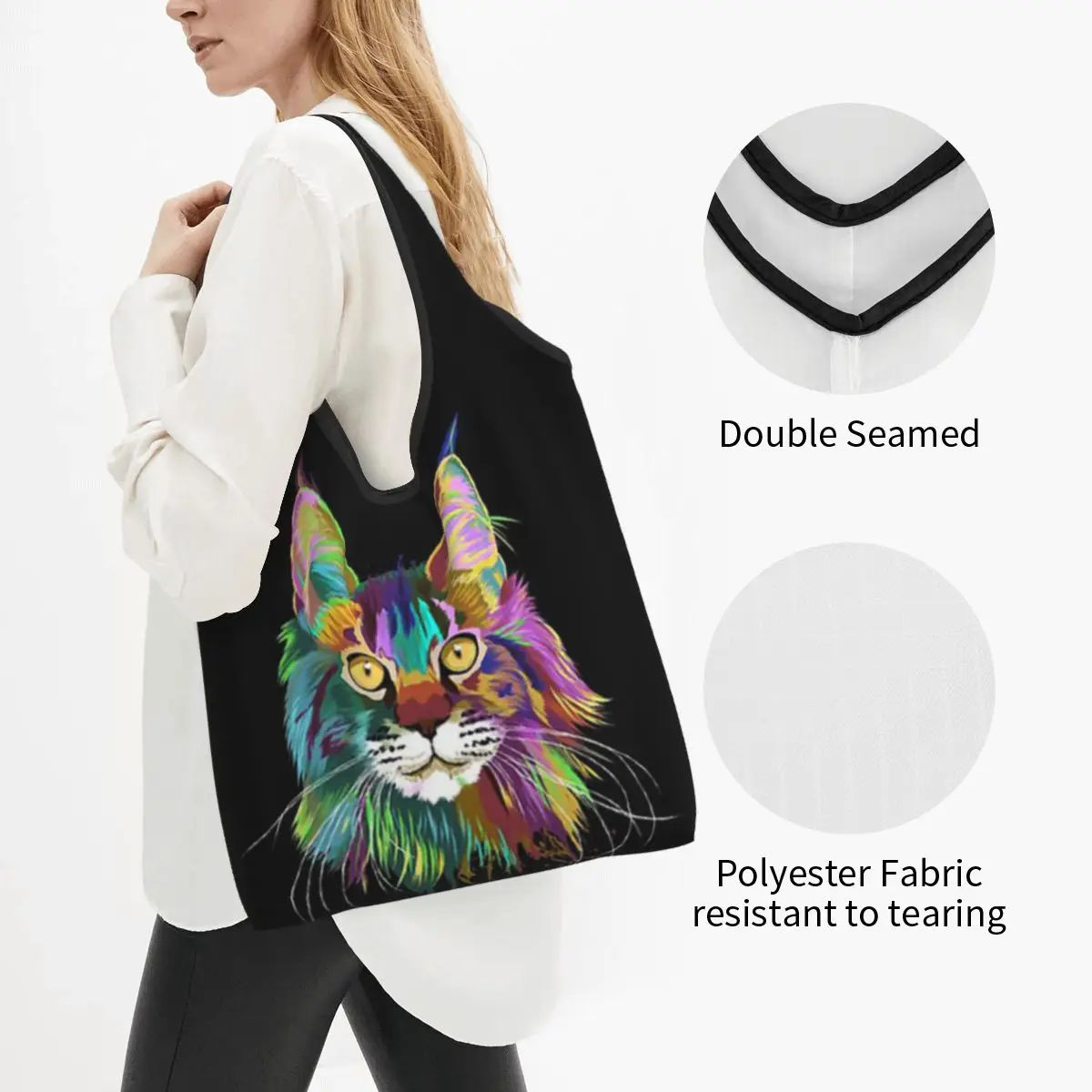 Splash Maine Coon Cat Portable Tote Shopping Bags Reusable Shopper Bag Grocery Handbag Shoulder Bag